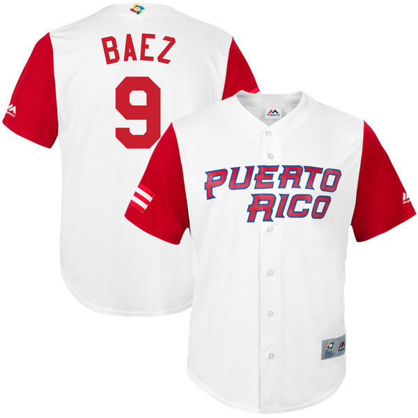 customized Men Puerto Rico Baseball #9 Javier Baez White 2017 World Baseball Classic Replica Jersey